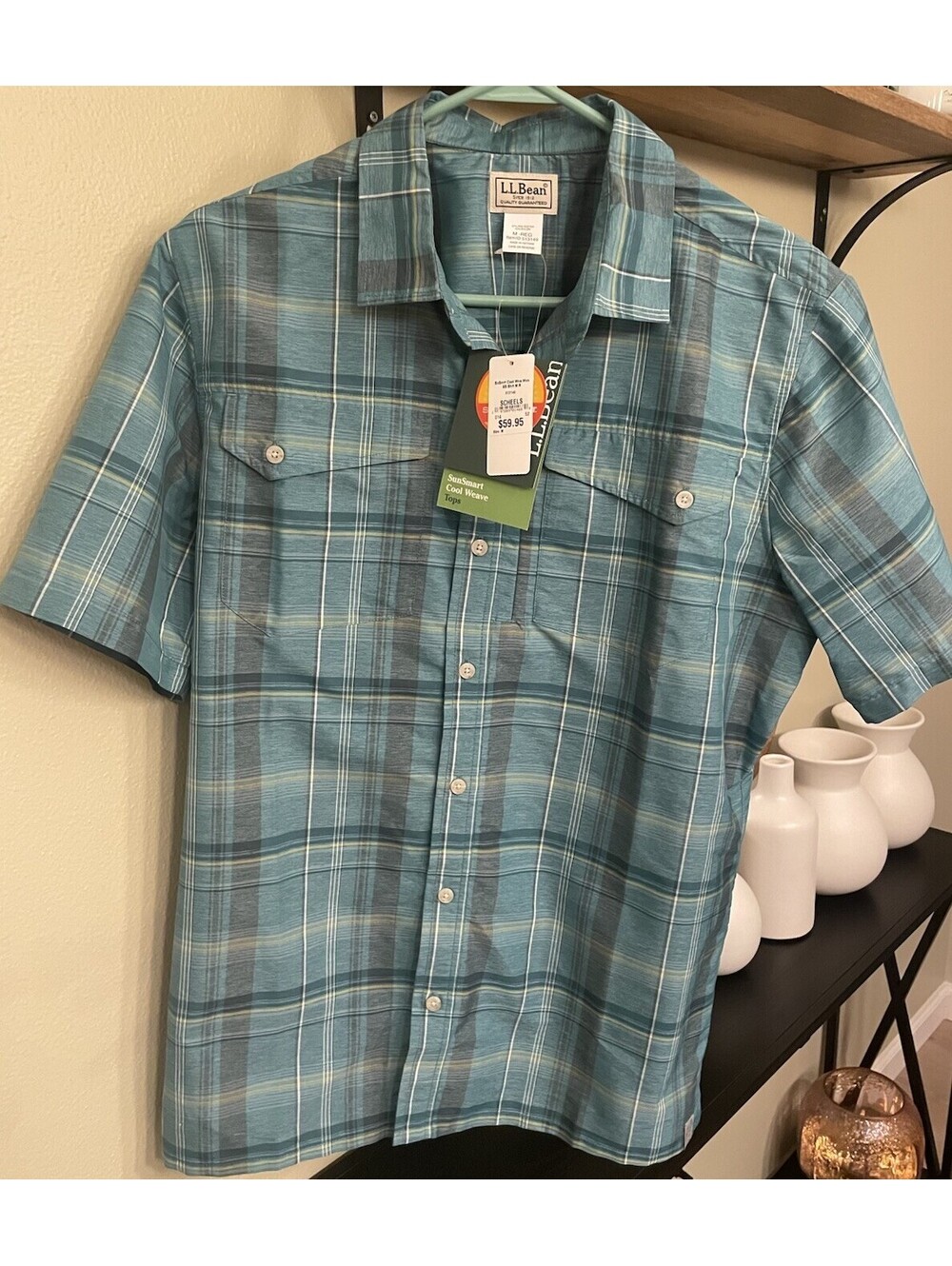 Men’s LL Bean Blue/TealSun Smart Cool Weave Plaid Short Sleeve Shirt Sz Medium